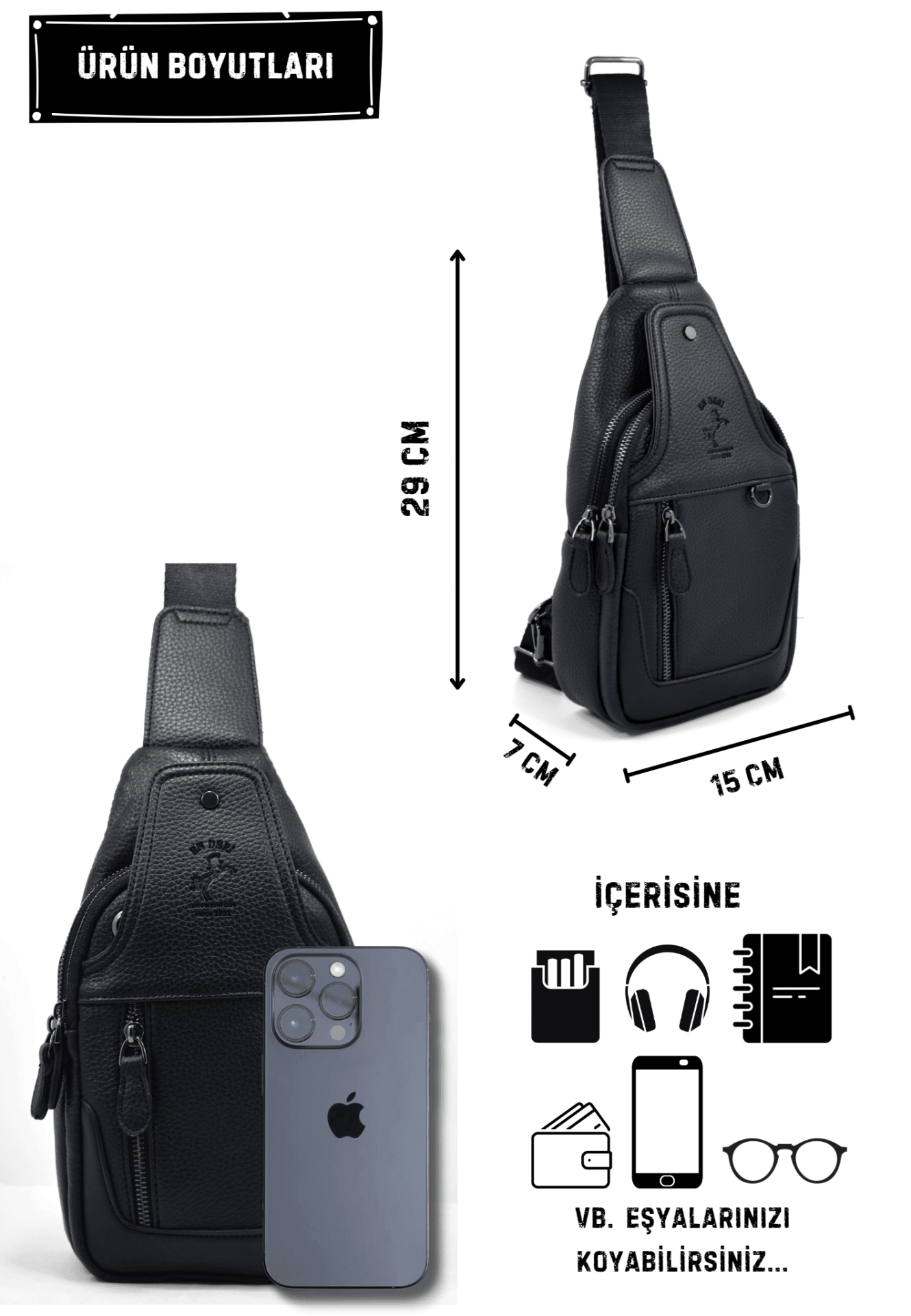 Erkek Siyah Çok Bölmeli Günlük Çapraz Askılı Omuz Çantası