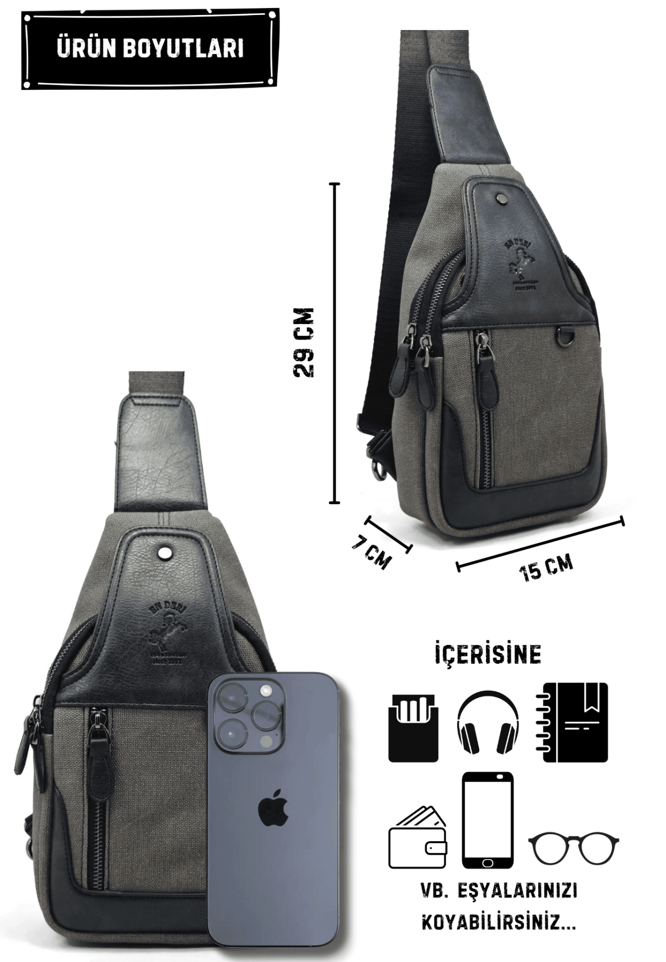 Erkek Kanvas Antrasit Çapraz Askılı Omuz Çantası Kanvas Çanta