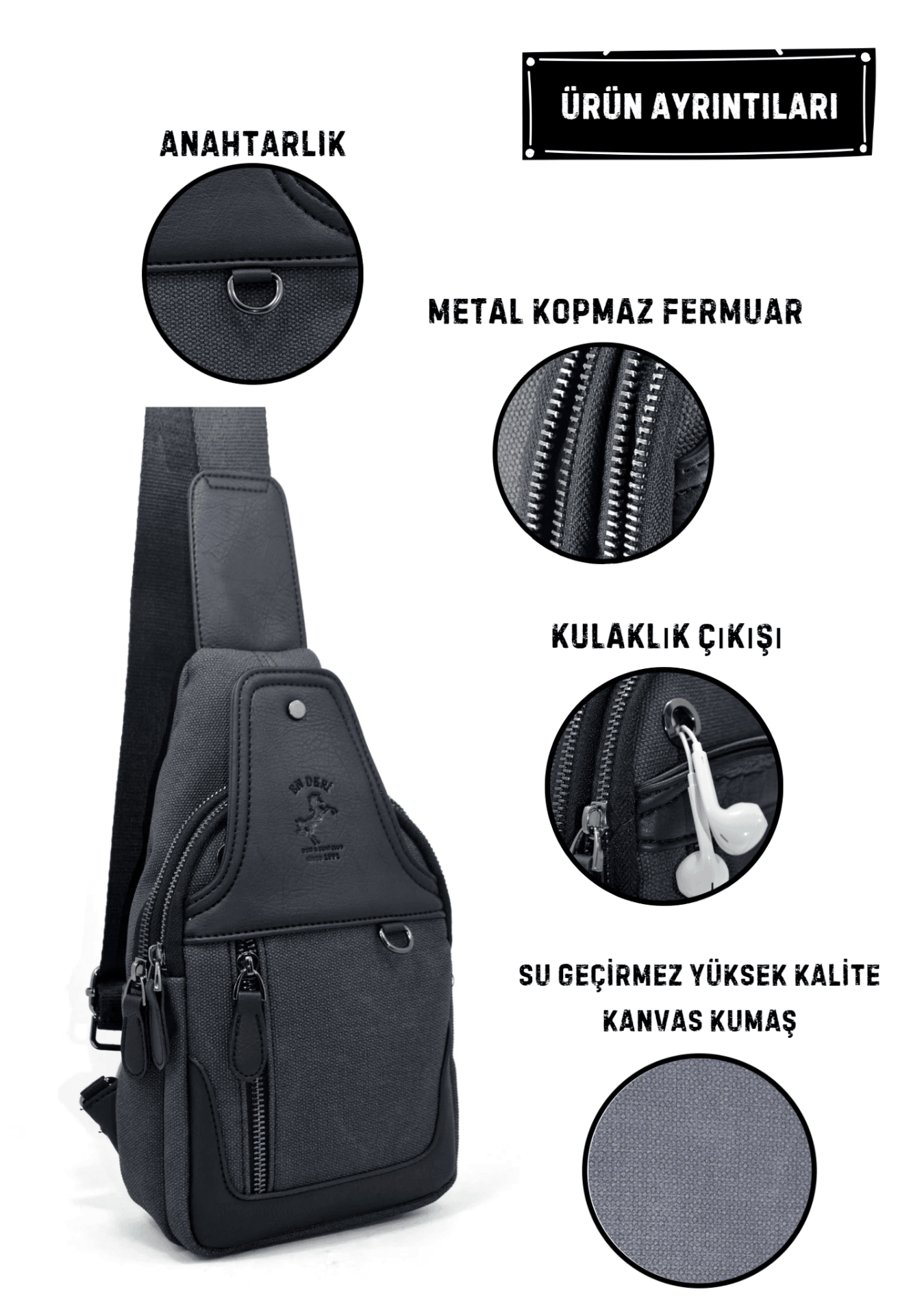 Erkek Kanvas Siyah Çok Bölmeli Günlük Çapraz Askılı Omuz Çantası  7038