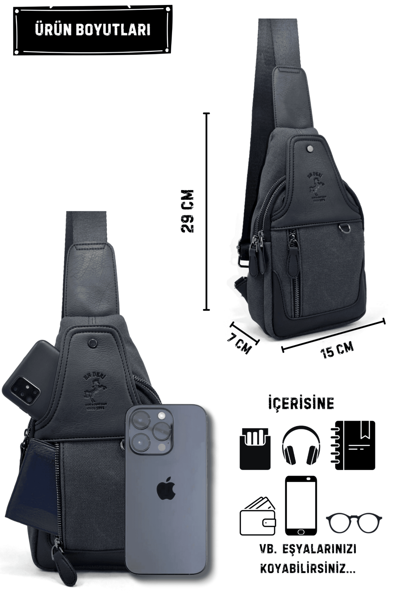 Erkek Kanvas Siyah Çok Bölmeli Günlük Çapraz Askılı Omuz Çantası  7038