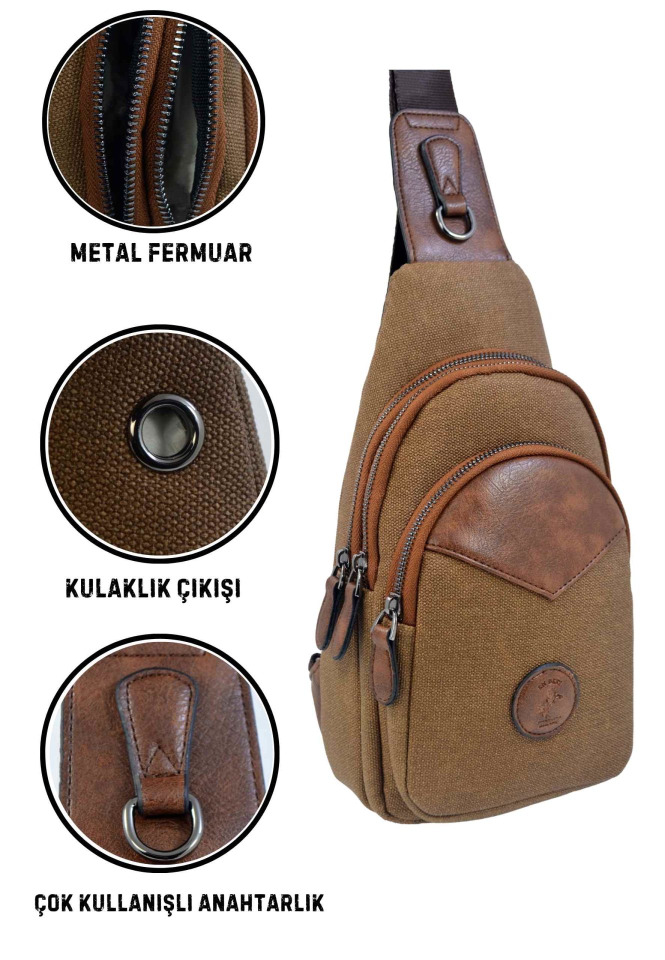 Erkek Çapraz Askılı Kulaklık Çıkışlı Kanvas Göğüs Ve Omuz Çantası 001 taba