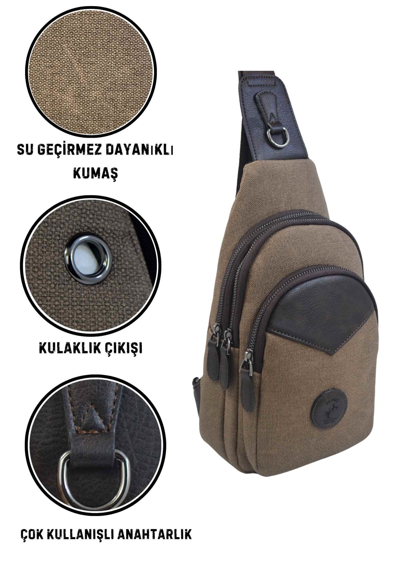 Erkek Çapraz Askılı Kulaklık Çıkışlı Kanvas Göğüs Ve Omuz Çantası 001 kahve kanvas