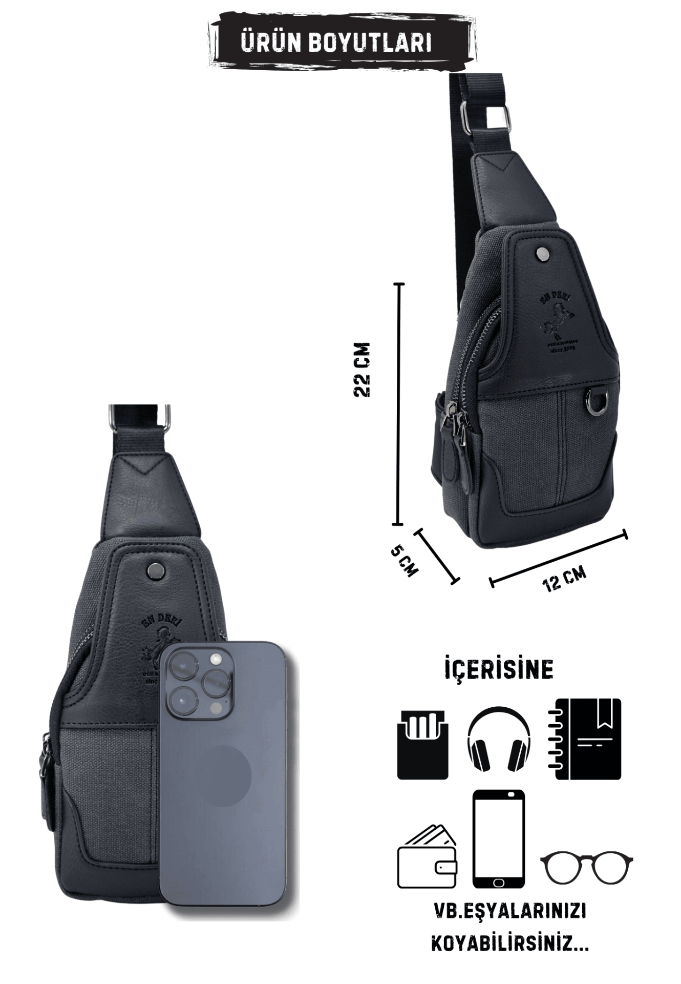 Siyah Kanvas Ayarlanabilir Çapraz Askılı Omuz Çantası 7044