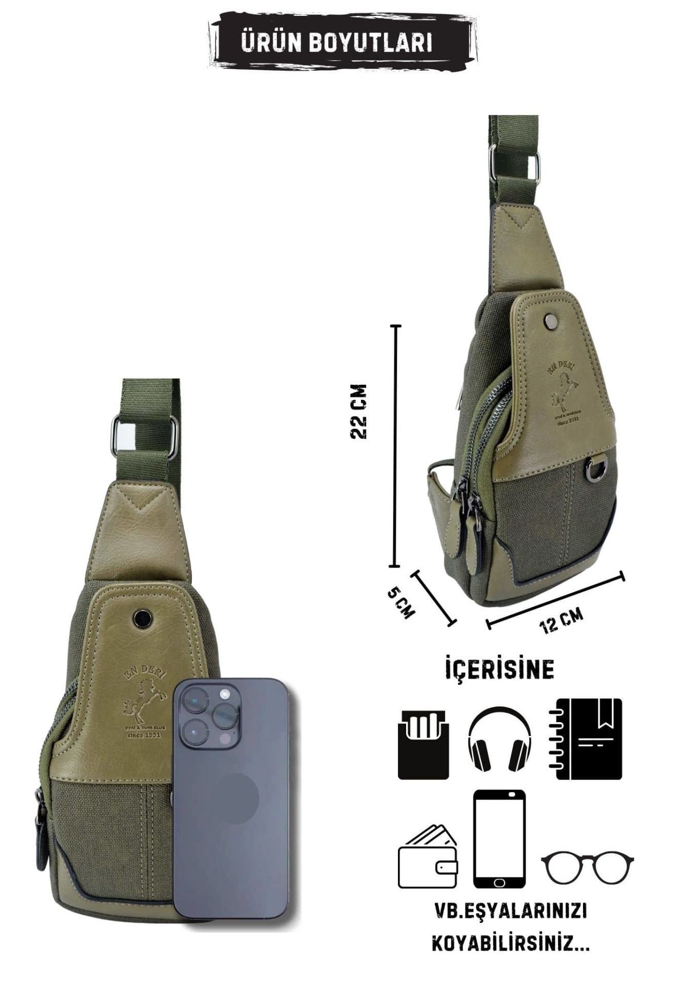 Haki Kanvas Ayarlanabilir Çapraz Askılı Omuz Çantası 7044