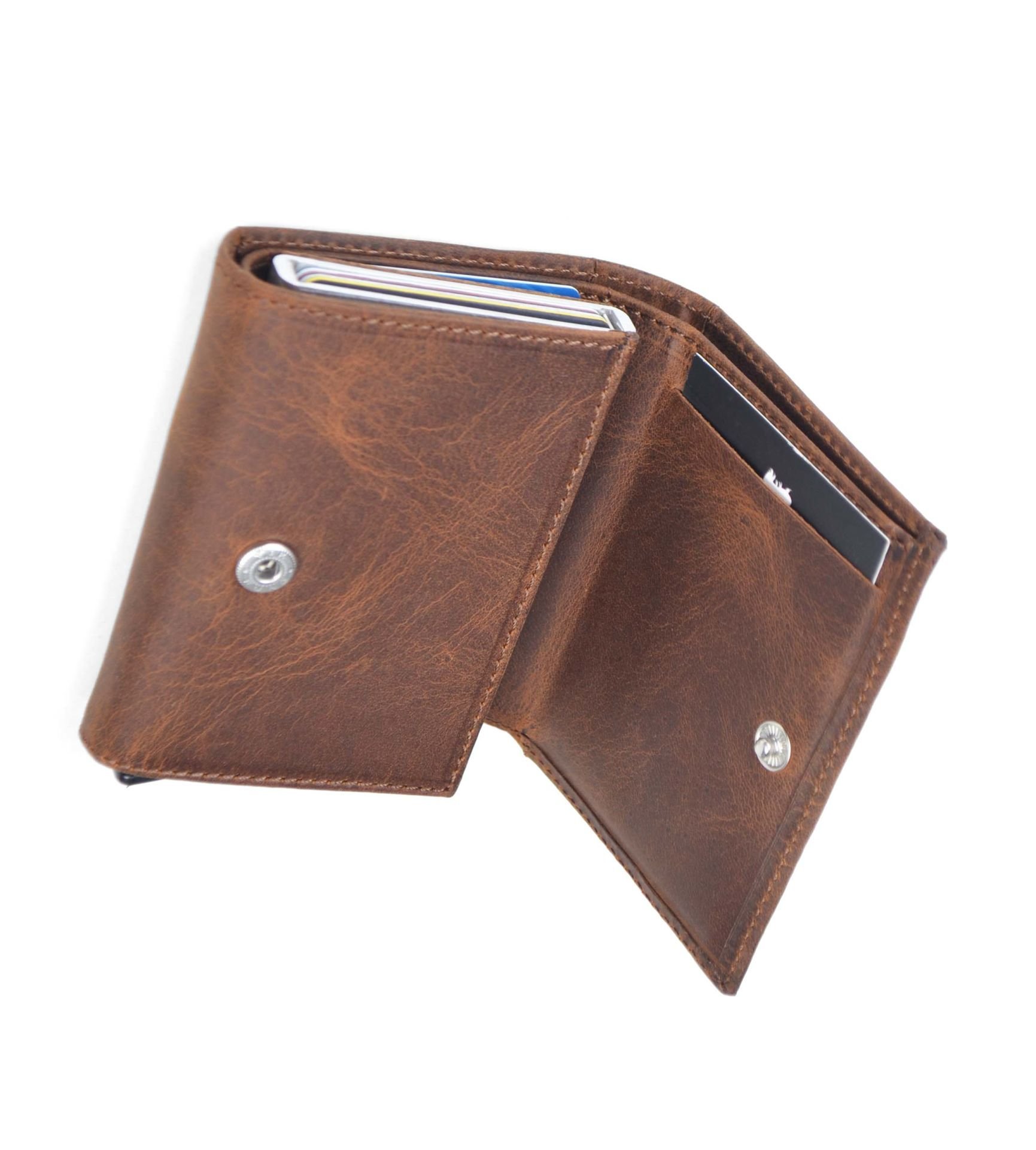 Unisex Taba Renk Hakiki Crazy Deri Mekanizmalı Cüzdan Kartlık