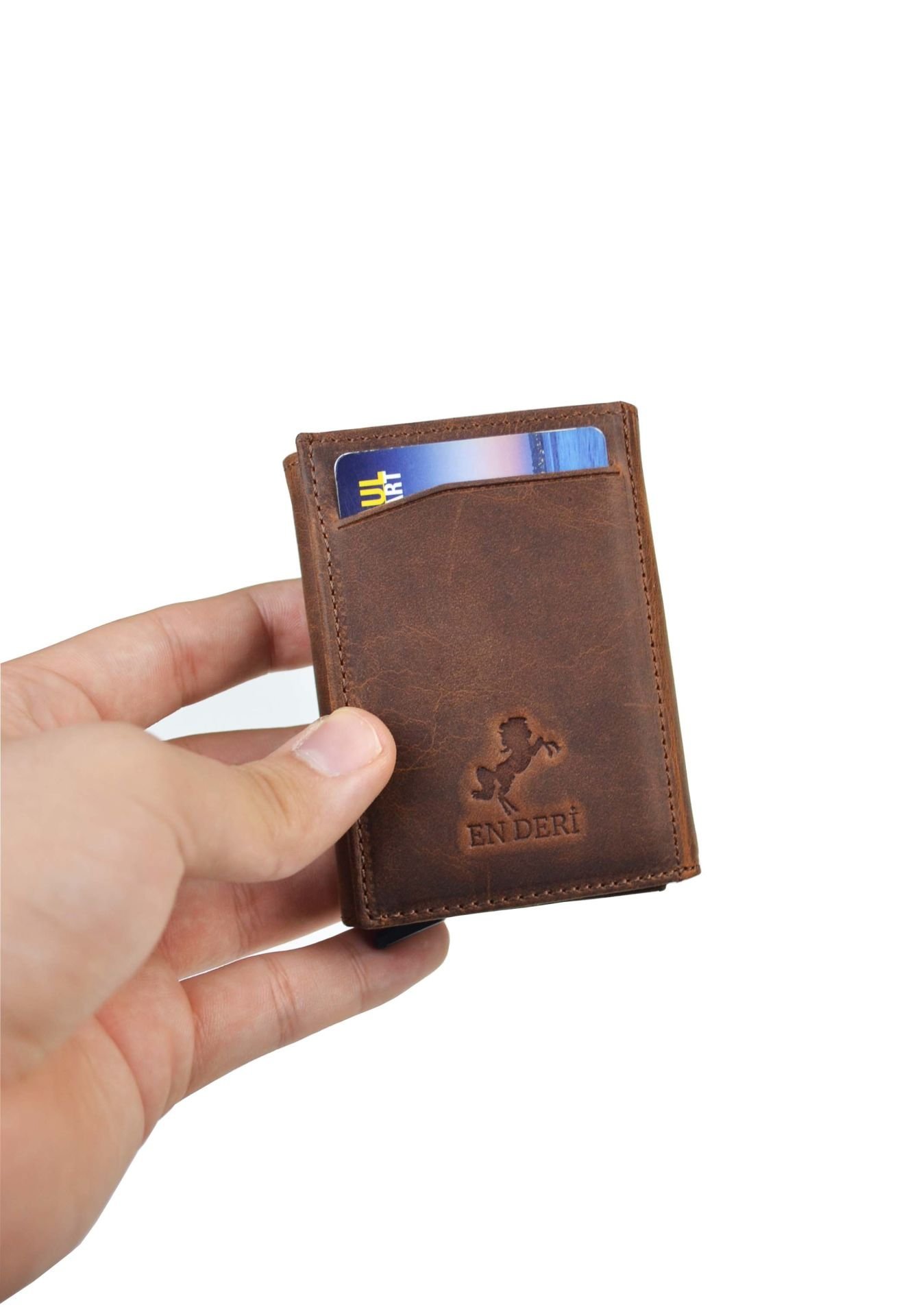 Unisex Taba Renk Hakiki Crazy Deri Mekanizmalı Cüzdan Kartlık