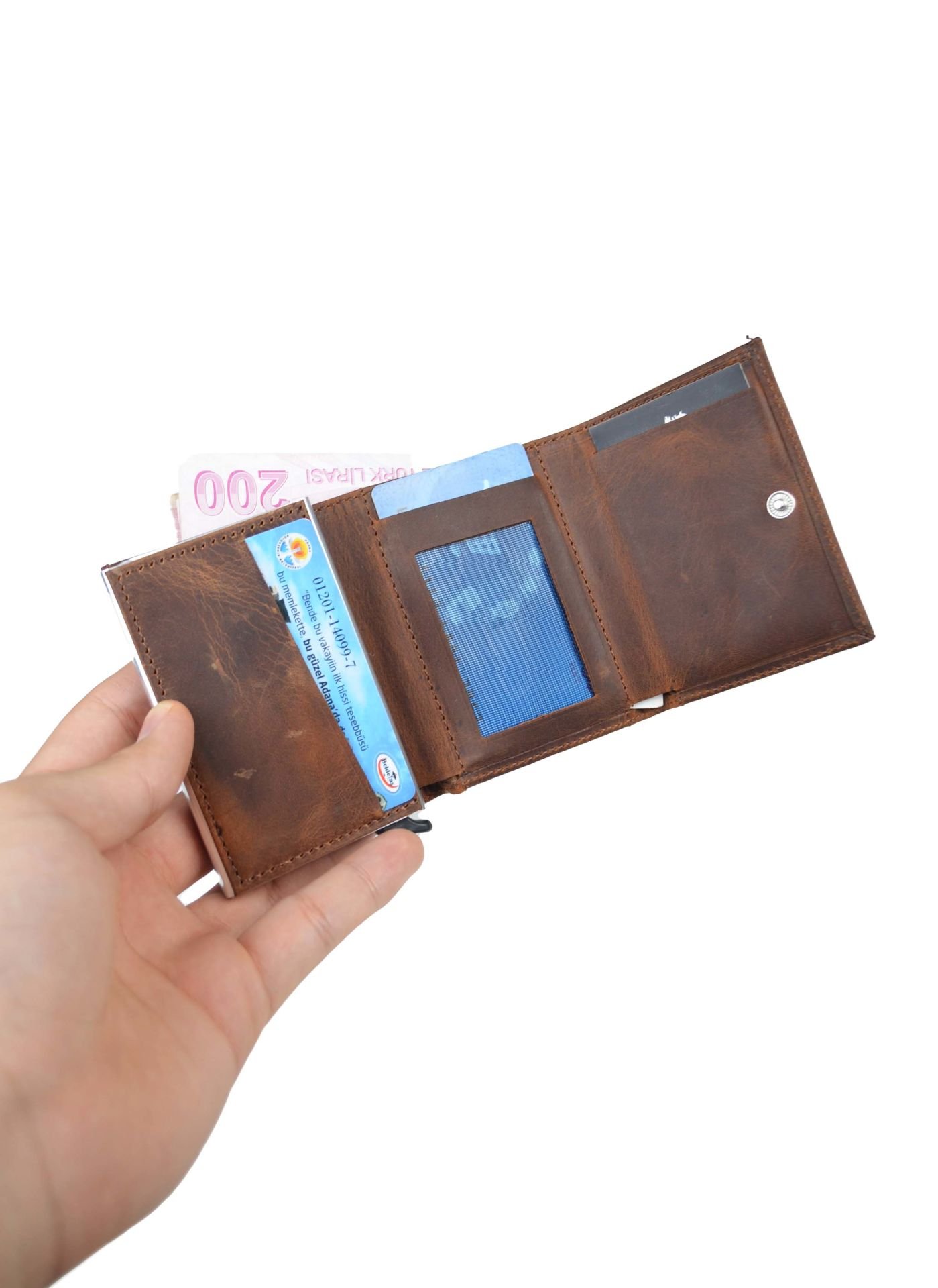 Unisex Taba Renk Hakiki Crazy Deri Mekanizmalı Cüzdan Kartlık