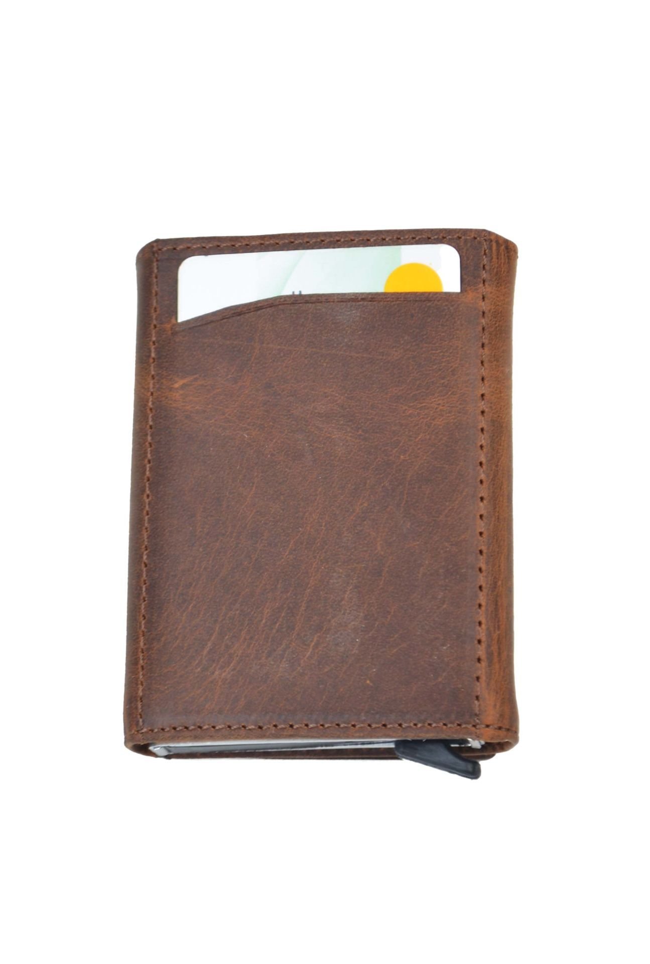 Unisex Taba Renk Hakiki Crazy Deri Mekanizmalı Cüzdan Kartlık