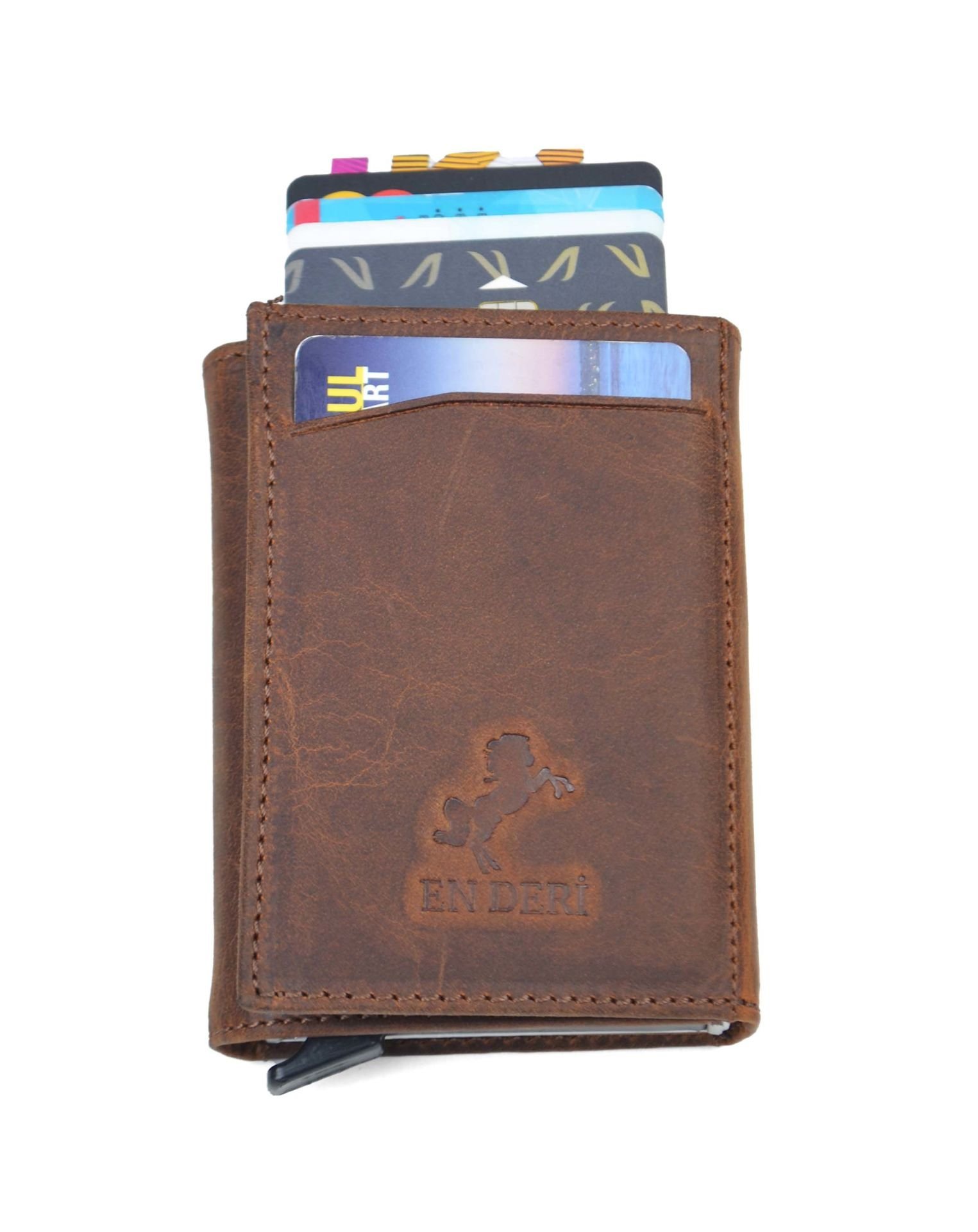 Unisex Taba Renk Hakiki Crazy Deri Mekanizmalı Cüzdan Kartlık