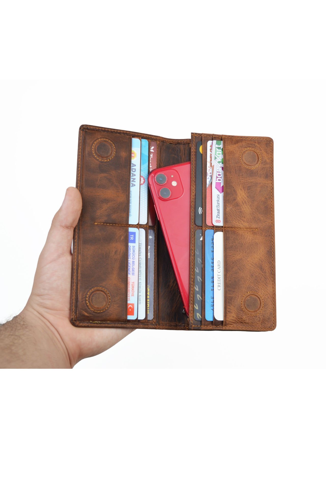 Telefon Bölmeli Cüzdan Mıknatıslı Ve El Bantlı Büyük Cüzdan Hakiki Deri Cüzdan