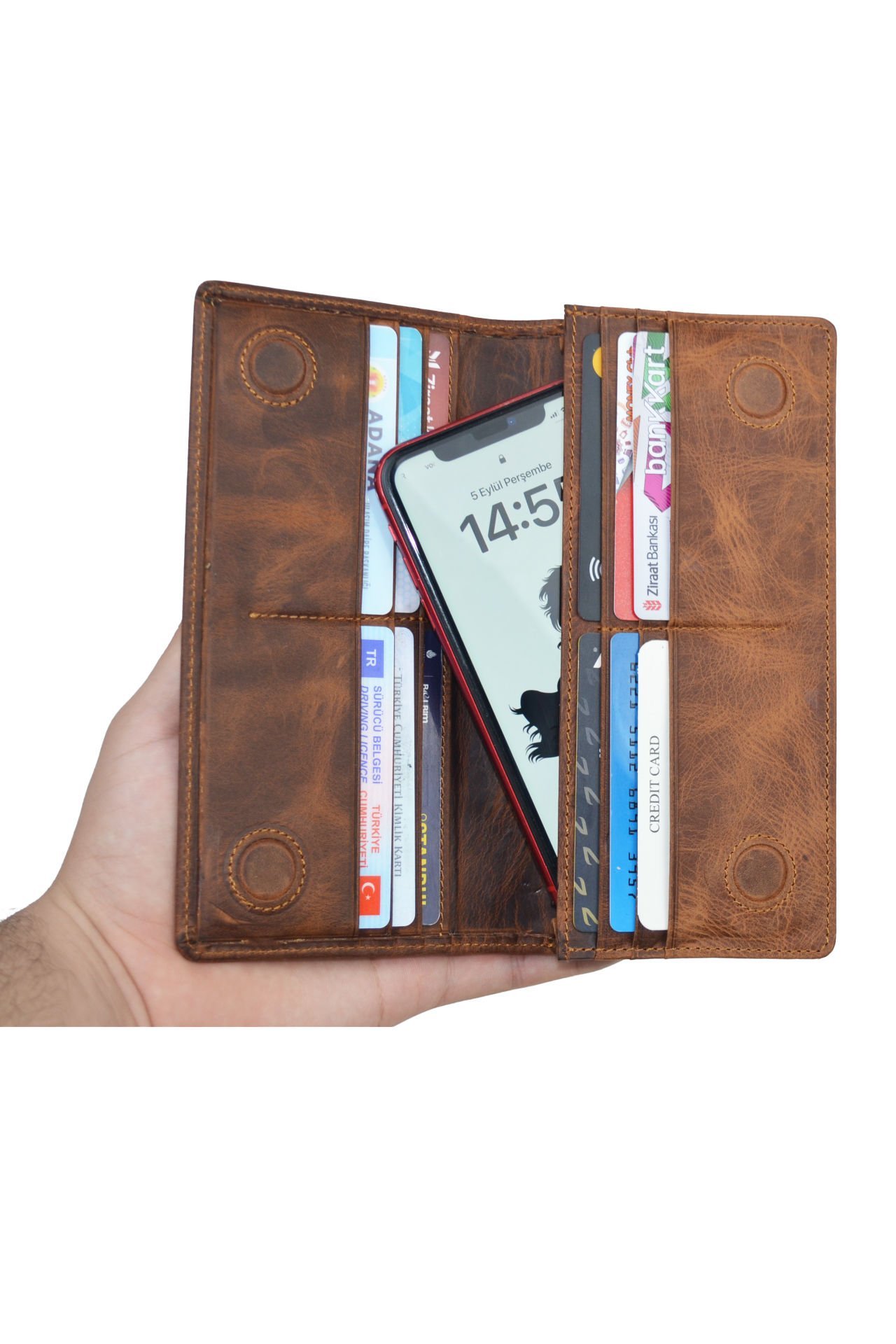Telefon Bölmeli Cüzdan Mıknatıslı Ve El Bantlı Büyük Cüzdan Hakiki Deri Cüzdan