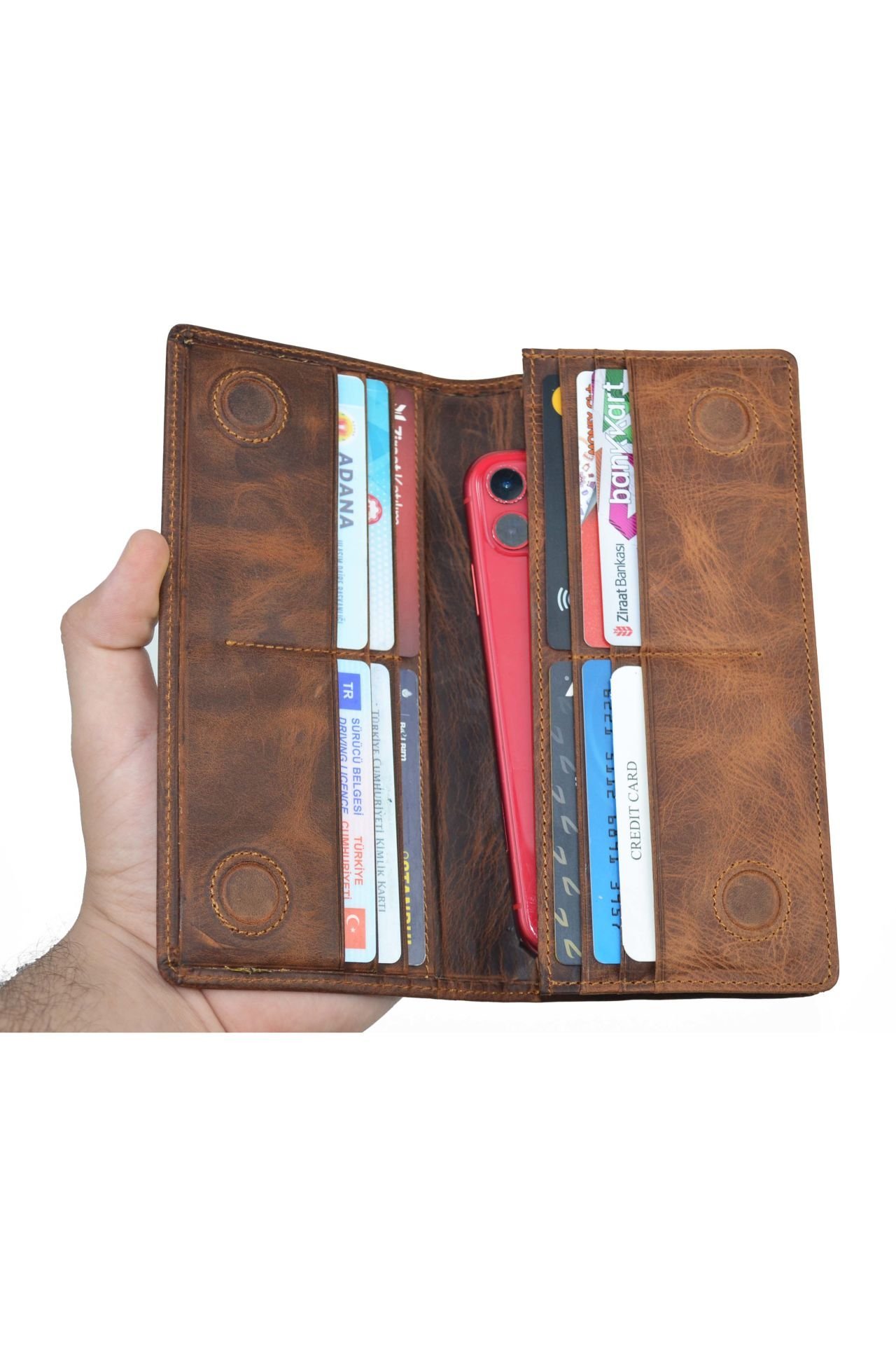 Telefon Bölmeli Cüzdan Mıknatıslı Ve El Bantlı Büyük Cüzdan Hakiki Deri Cüzdan