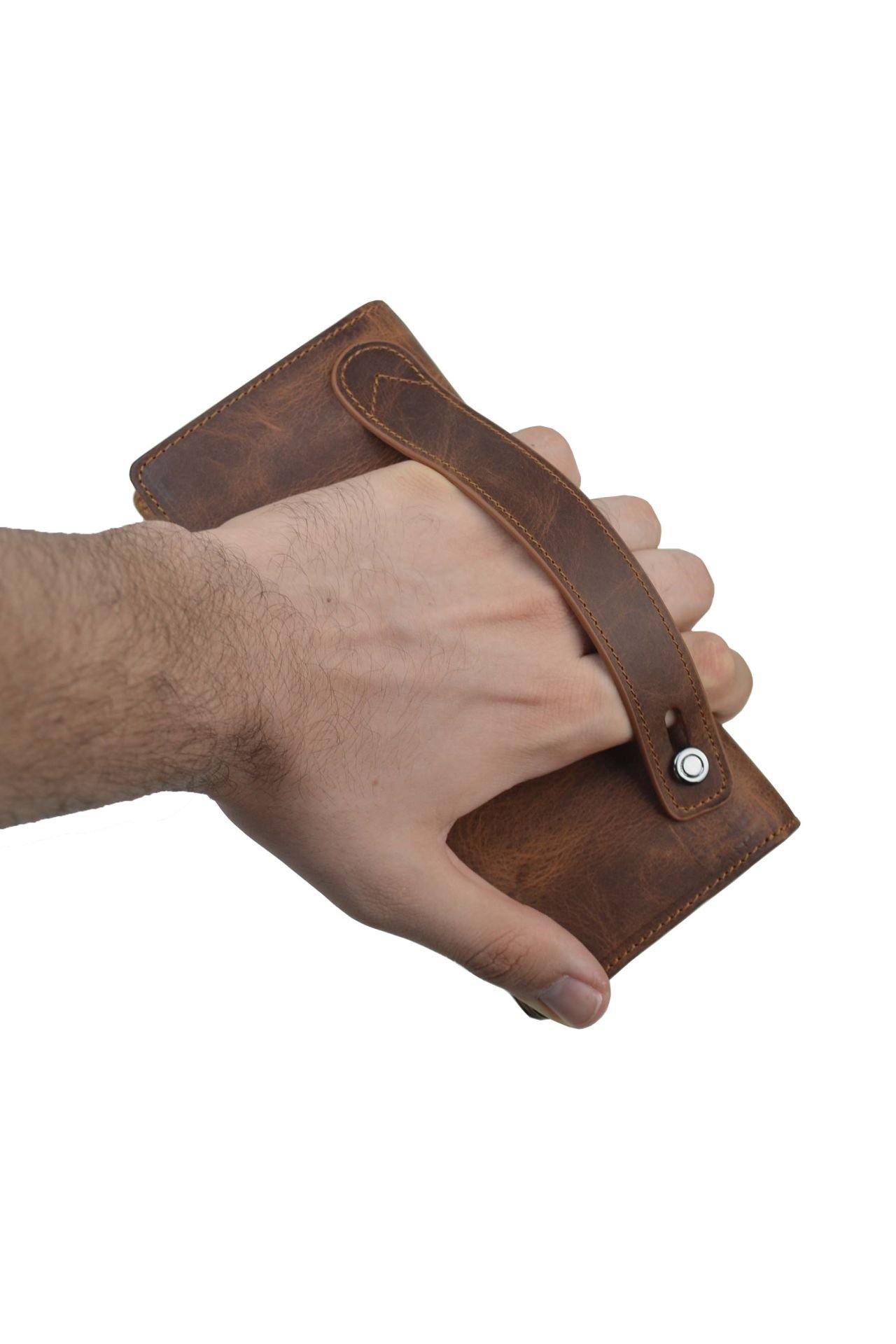 Telefon Bölmeli Cüzdan Mıknatıslı Ve El Bantlı Büyük Cüzdan Hakiki Deri Cüzdan