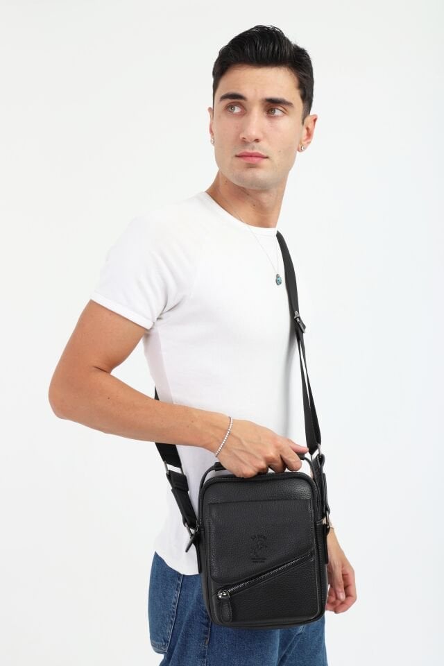 Siyah Çok Bölmeli Omuz Çantası - Erkek Ayarlanabilir Askılı Çapraz Çanta