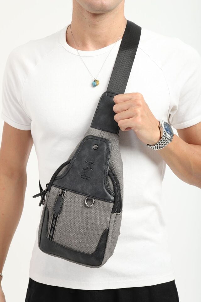 Antrasit Kanvas Omuz Çantası - Mıknatıslı Bölmeli Askılı Çapraz Çanta