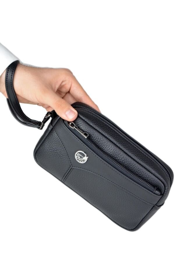 Erkek Siyah El Çantası - Kartlıklı Bileklikli Clutch Portföy Çanta