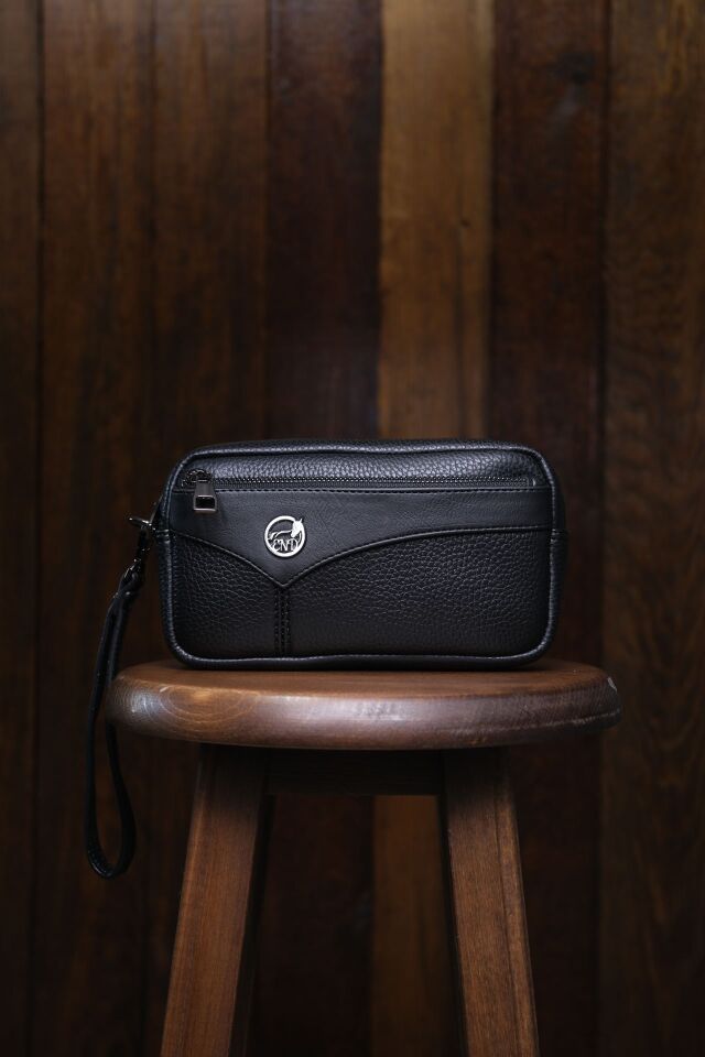 Erkek Siyah El Çantası - Kartlıklı Bileklikli Clutch Portföy Çanta