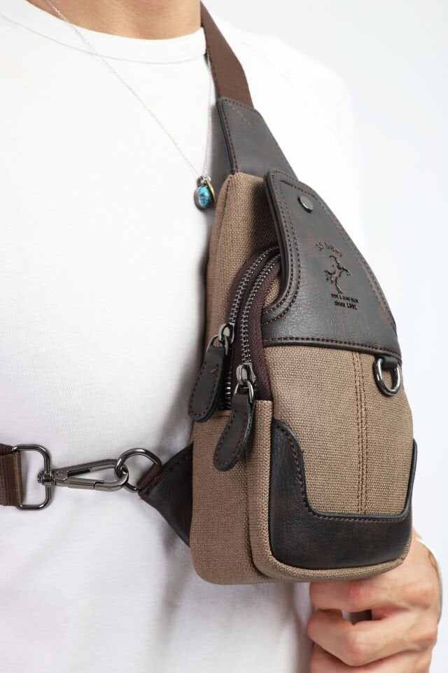 Kahverengi Kanvas Omuz Çantası - Mıknatıslı Bölmeli Küçük Askılı Çapraz Çanta