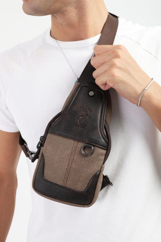 Kahverengi Kanvas Omuz Çantası - Mıknatıslı Bölmeli Küçük Askılı Çapraz Çanta