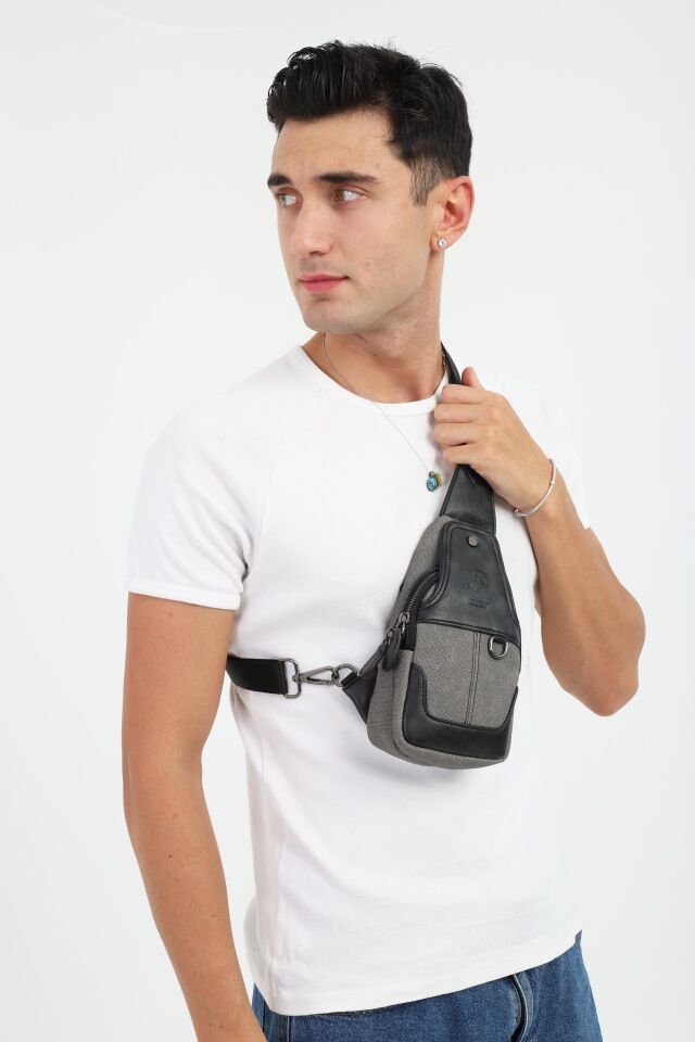 Antrasit Kanvas Omuz Çantası - Mıknatıslı Bölmeli Küçük Askılı Çapraz Çanta