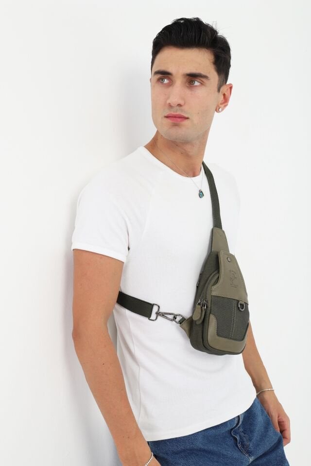 Haki Kanvas Omuz Çantası - Mıknatıslı Bölmeli Küçük Askılı Çapraz Çanta