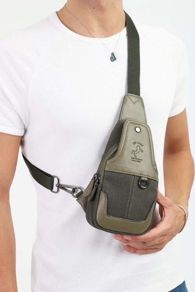 Haki Kanvas Omuz Çantası - Mıknatıslı Bölmeli Küçük Askılı Çapraz Çanta