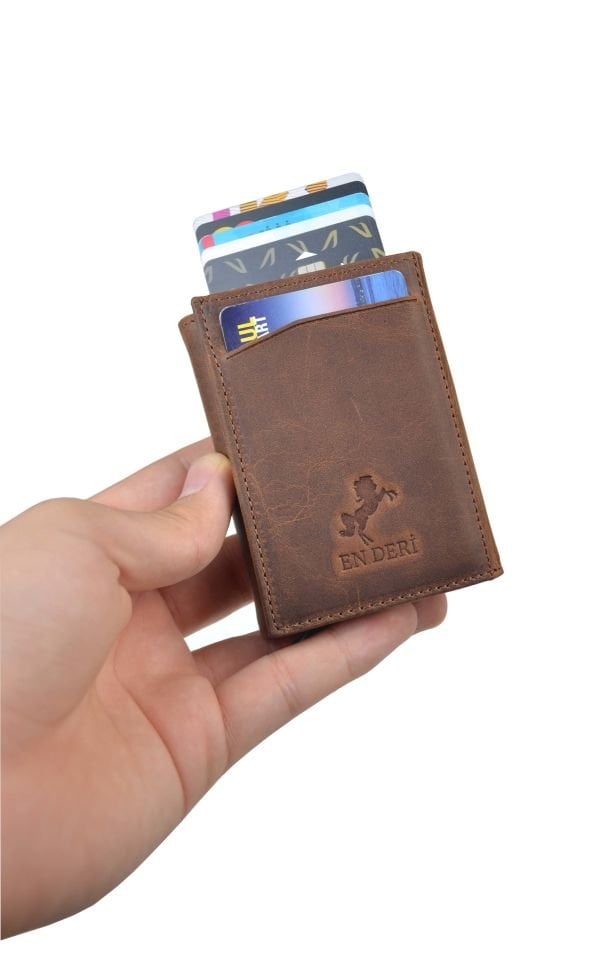 Unisex Taba Renk Hakiki Crazy Deri Mekanizmalı Cüzdan Kartlık