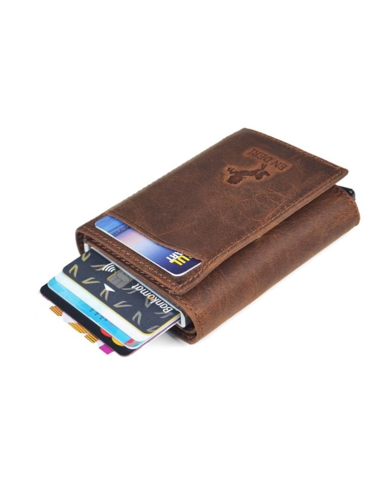 Unisex Taba Renk Hakiki Crazy Deri Mekanizmalı Cüzdan Kartlık