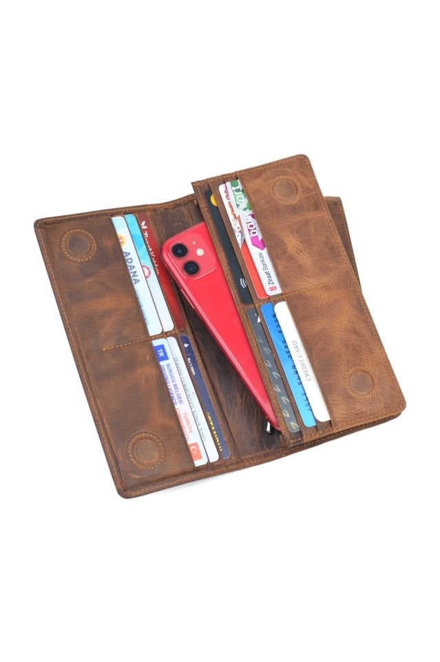 Telefon Bölmeli Cüzdan Mıknatıslı Ve El Bantlı Büyük Cüzdan Hakiki Deri Cüzdan