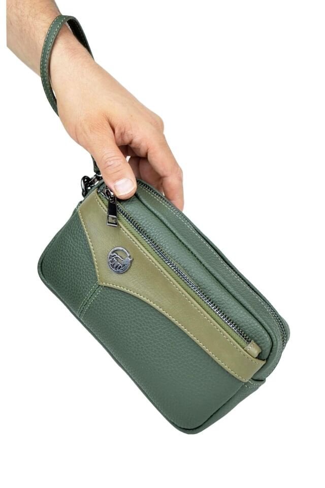 Erkek Haki El Çantası - Kartlıklı Bileklikli Clutch Portföy Çanta