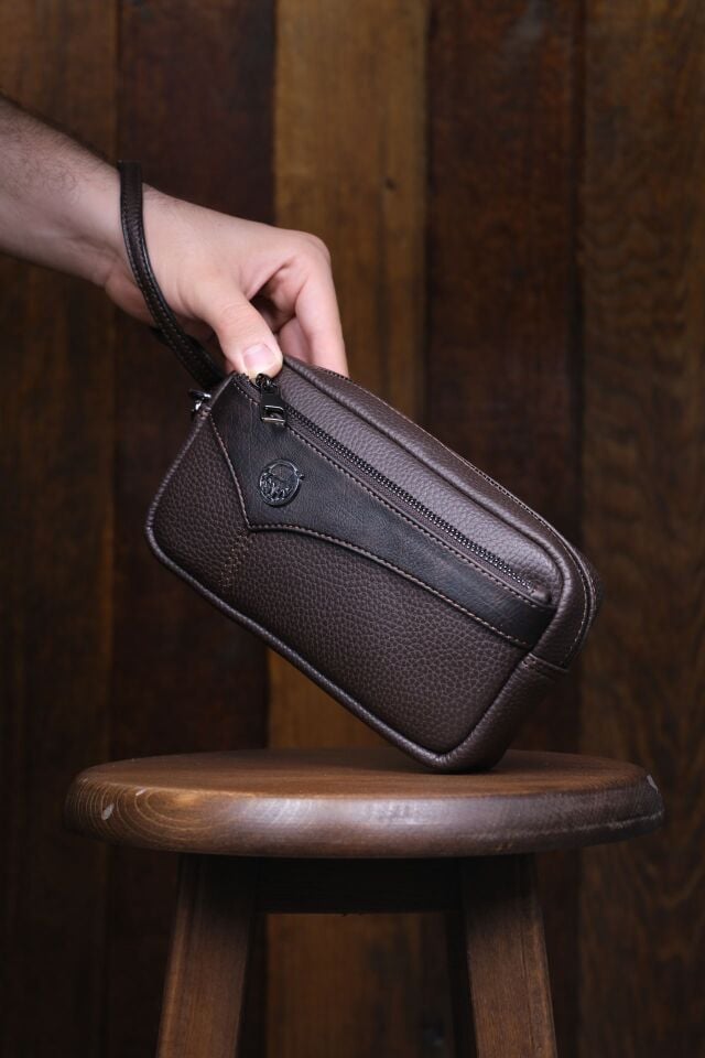 Erkek Kahverengi El Çantası - Kartlıklı Bileklikli Clutch Portföy Çanta