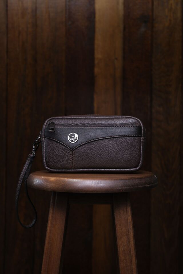 Erkek Kahverengi El Çantası - Kartlıklı Bileklikli Clutch Portföy Çanta
