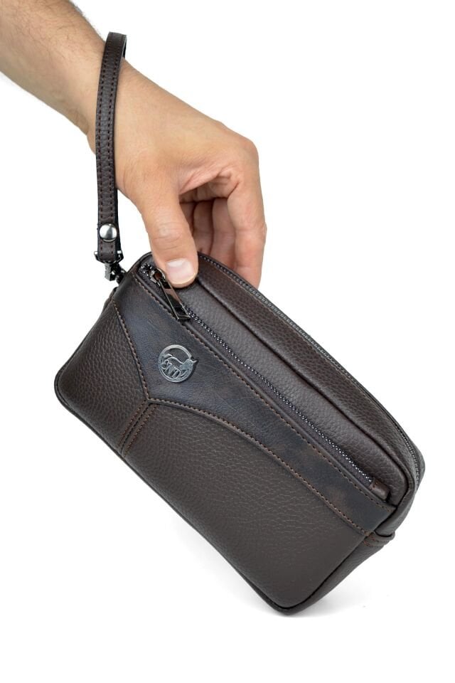 Erkek Kahverengi El Çantası - Kartlıklı Bileklikli Clutch Portföy Çanta