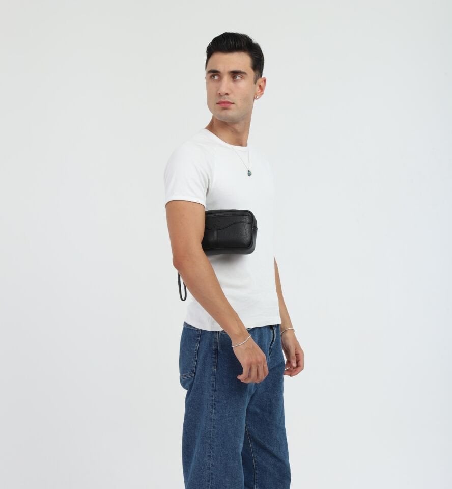 Erkek Siyah Lüks El Ve Bileklik Kemerli Portföy El Çantası