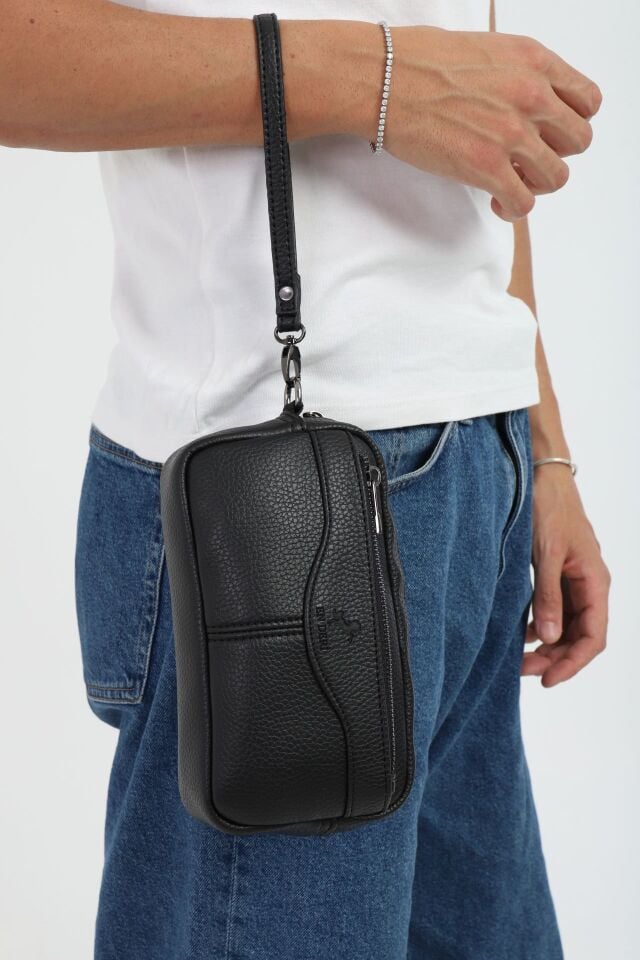 Siyah Lüks Erkek El Çantası - Siyah Bileklikli Clutch ve Portföy Çanta