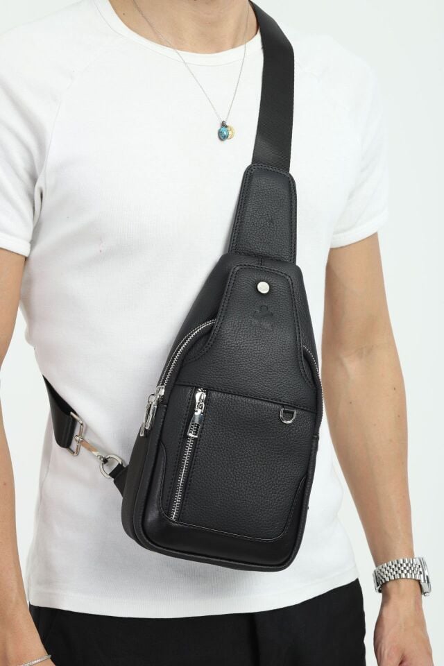 Siyah Hakiki Deri Omuz Çantası - Çok Bölmeli Erkek Çapraz Çanta