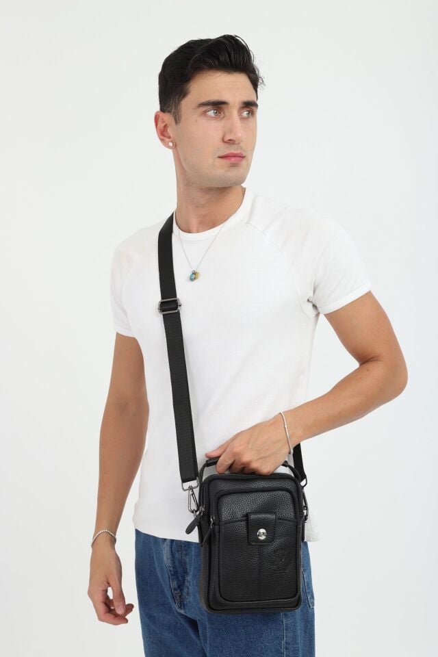 Erkek Siyah El ve Omuz Çantası – Ayarlanabilir Askılı, Çok Gözlü Çapraz Postacı Çanta