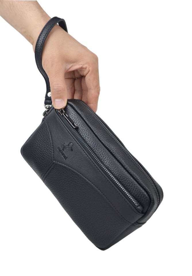 Erkek Siyah Kartlıklı El Ve Bileklik Kemerli Lüks Portföy El Çantası