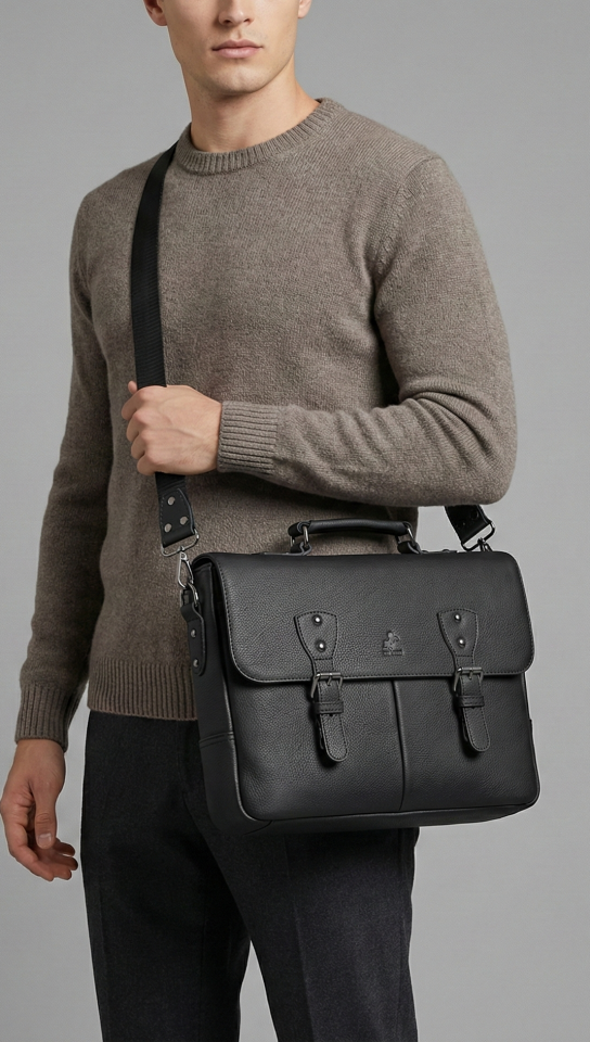 Siyah Hakiki Deri 14 Inc Çok Bölmeli Evrak Ve Laptop Çantası 4025