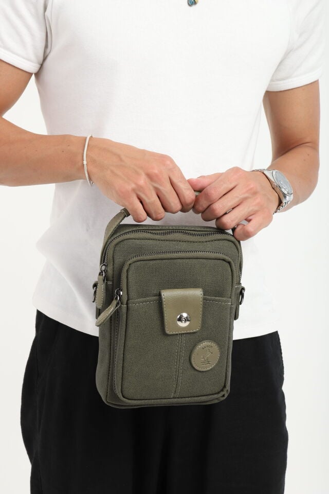 Haki Kanvas Erkek El ve Omuz Çantası – Ayarlanabilir Çapraz Askılı, Çok Bölmeli Postacı Çanta