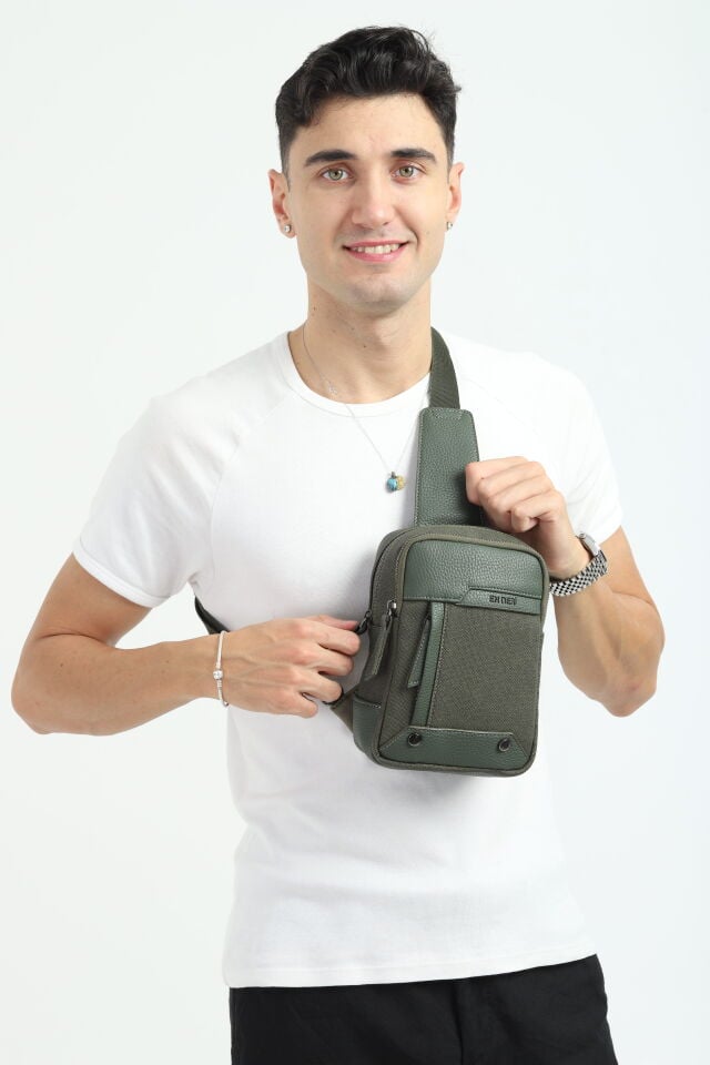 Haki Kanvas Omuz Çantası - Erkek Çok Bölmeli Organizer Çapraz Çanta