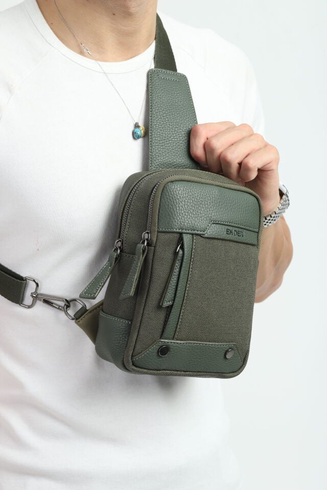 Haki Kanvas Omuz Çantası - Erkek Çok Bölmeli Organizer Çapraz Çanta