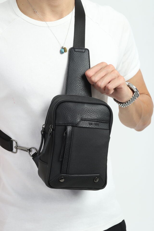 Siyah Kanvas Omuz Çantası - Erkek Çok Bölmeli Organizer Çapraz Çanta