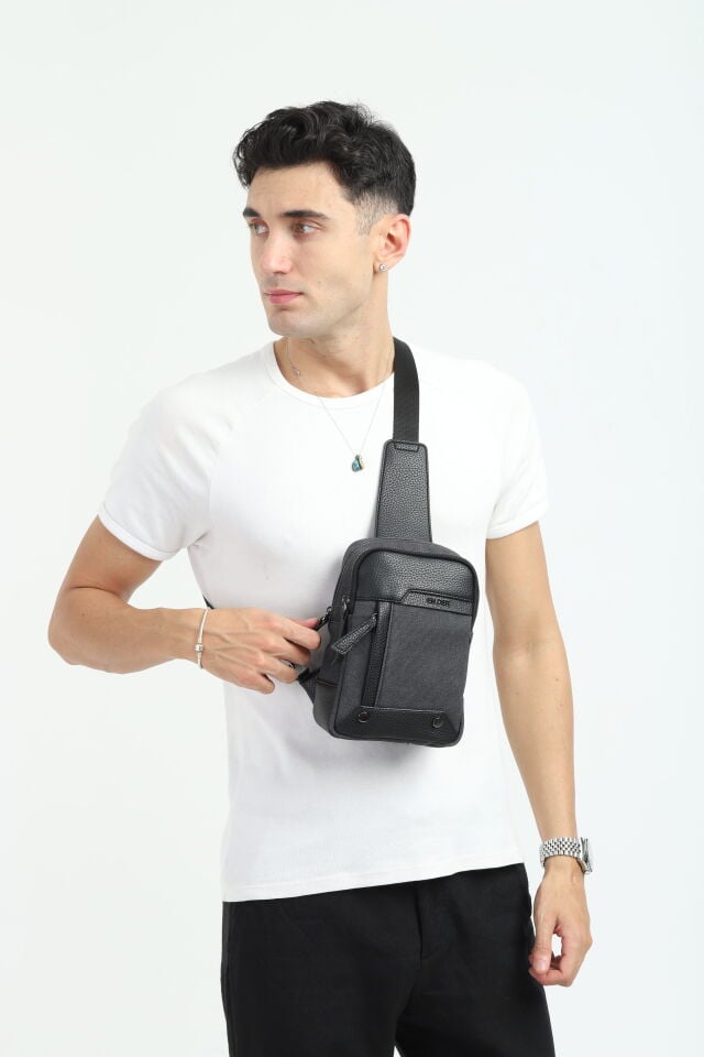 Siyah Kanvas Omuz Çantası - Erkek Çok Bölmeli Organizer Çapraz Çanta