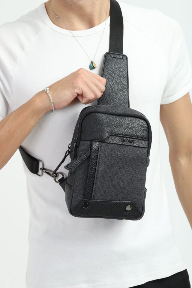 Siyah Kanvas Omuz Çantası - Erkek Çok Bölmeli Organizer Çapraz Çanta