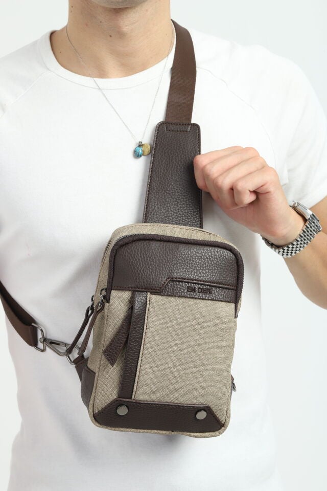 Kahverengi Kanvas Omuz Çantası - Erkek Çok Bölmeli Organizer Çapraz Çanta