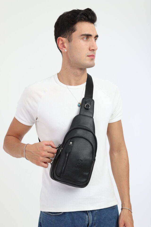 Siyah Omuz Çantası - Erkek Fonksiyonel Çok Gözlü Çapraz Çanta