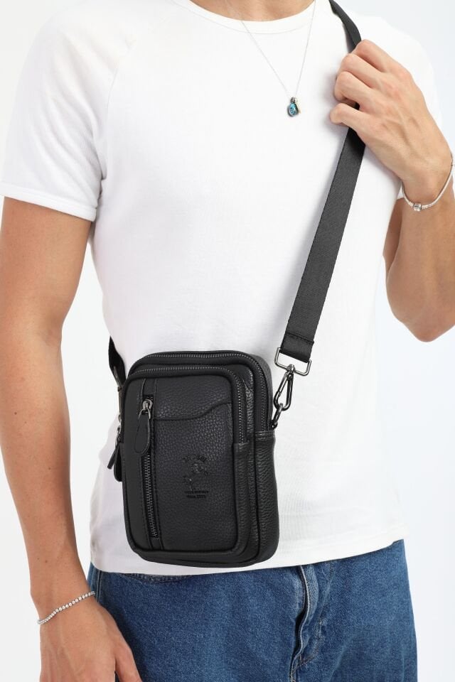 Siyah Çok Bölmeli Omuz Çantası - Fonksiyonel Askılı Erkek Çapraz Çanta